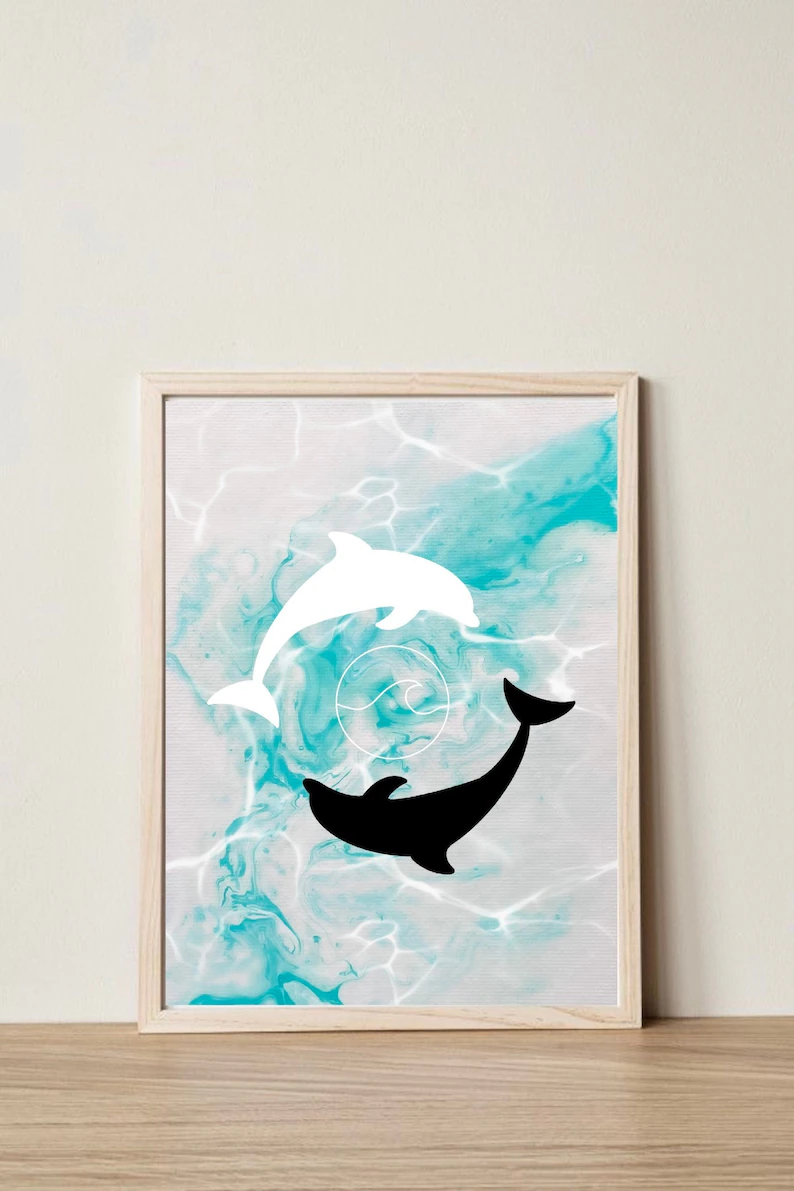 Art print of Silhouetted dolphins in ying yang style, on top of blue background, in frame