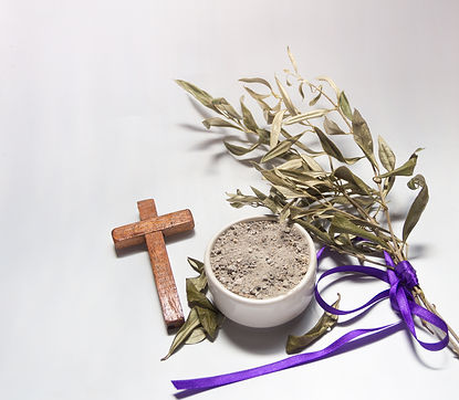 Bowl with ashes, olive branch and cross, symbols of Ash Wednesday.jpg