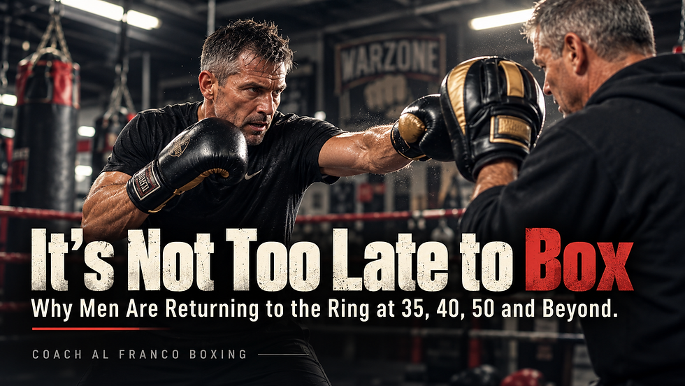 Coach Al Franco Men's Boxing Skills Training at Warzone Boxing Club in Upland, California. Promotional flyer showing boxing training, program schedule, and enrollment information.
