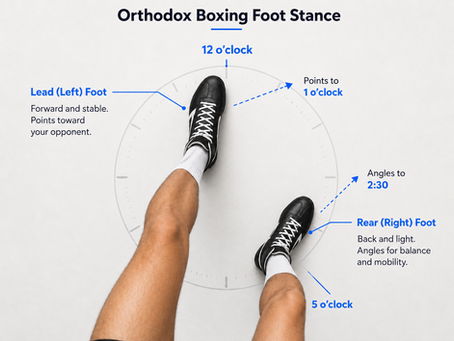 Orthodox boxing foot stance for beginners showing lead and rear foot position