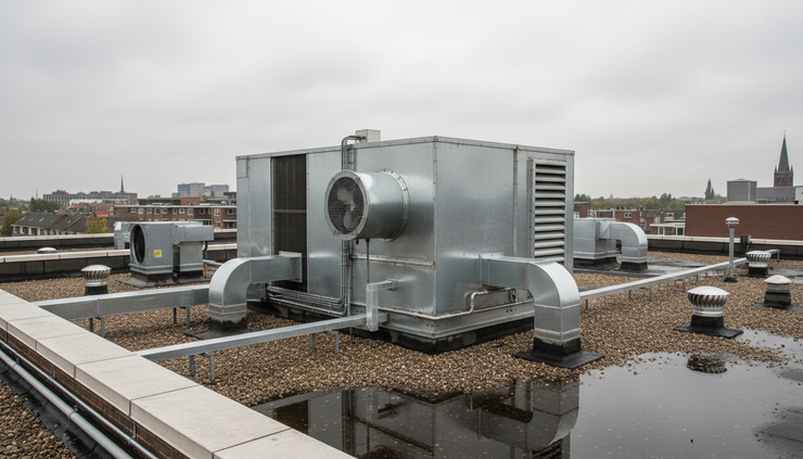 Wide-angle view of a rooftop air handling unit on a commercial building.