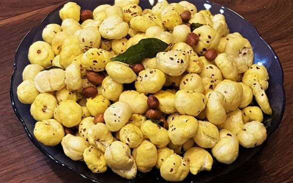 Close-up view of roasted makhana in a bowl