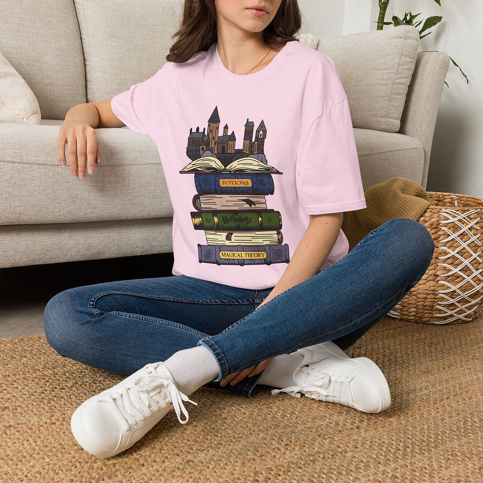 Thumbnail: Books Stack with Magical Castle T-Shirt | Witchcraft Reading Tee