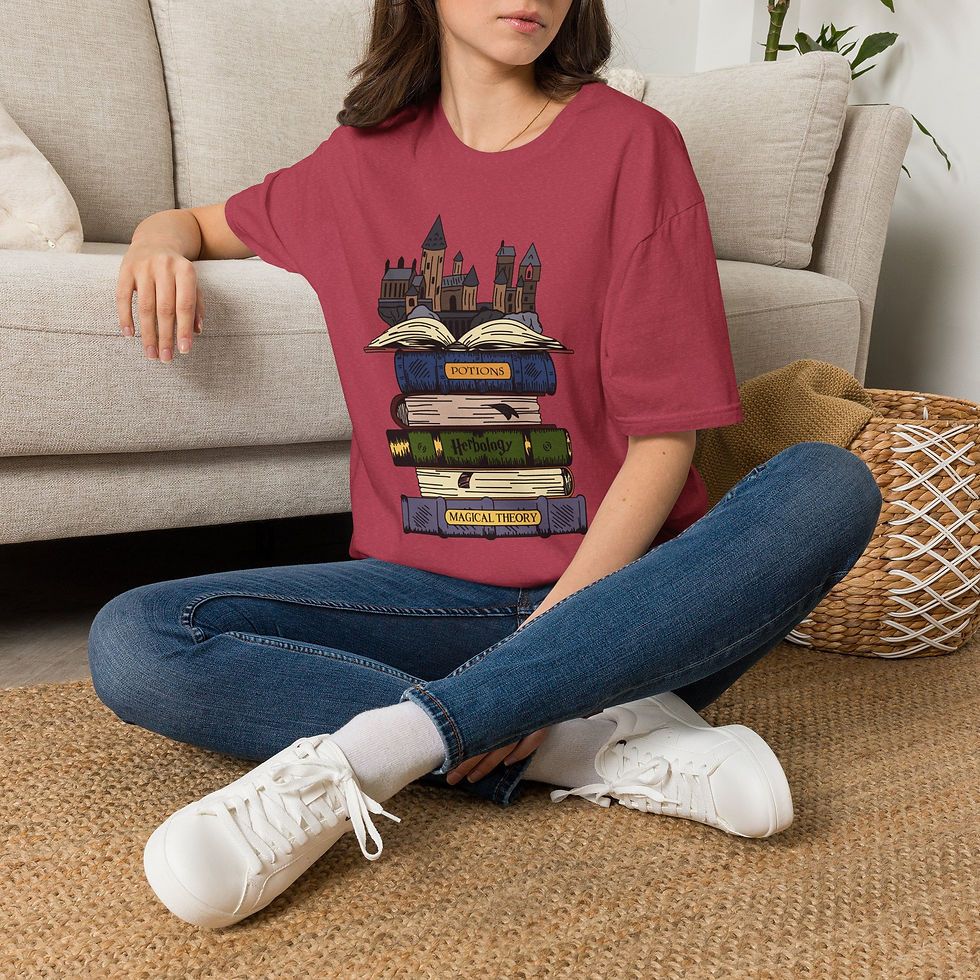 Thumbnail: Books Stack with Magical Castle T-Shirt | Witchcraft Reading Tee