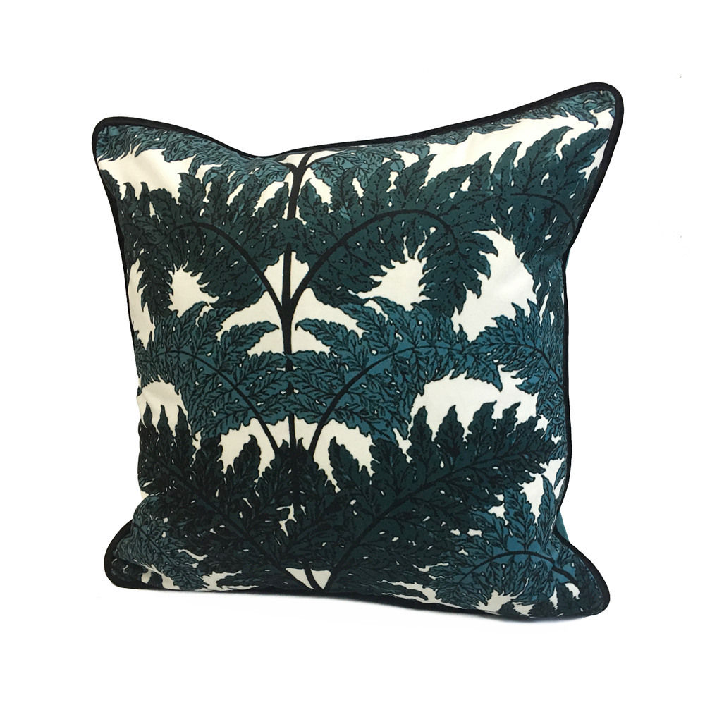 Green fern garden velvet Cushion Cover with solid green back and black braiding