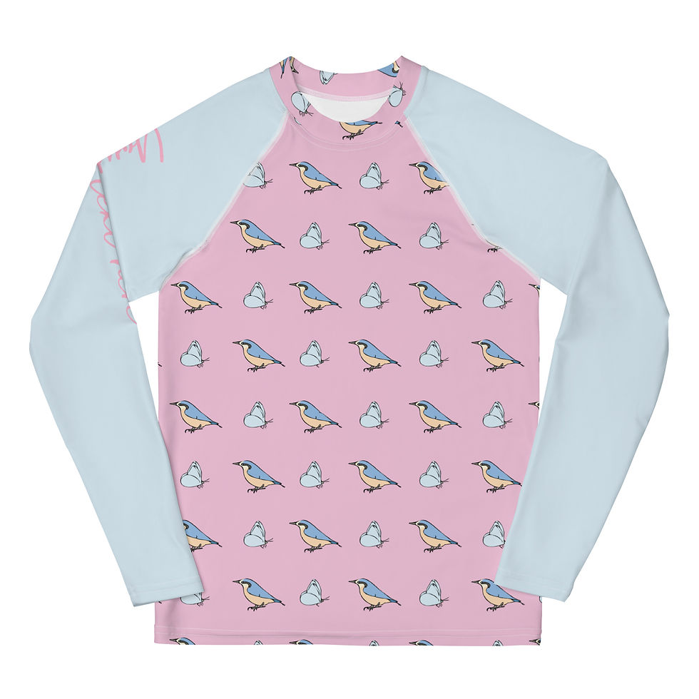 Thumbnail: Little birds pink and blue 50+ UV sun protection youth rash guard Personalised