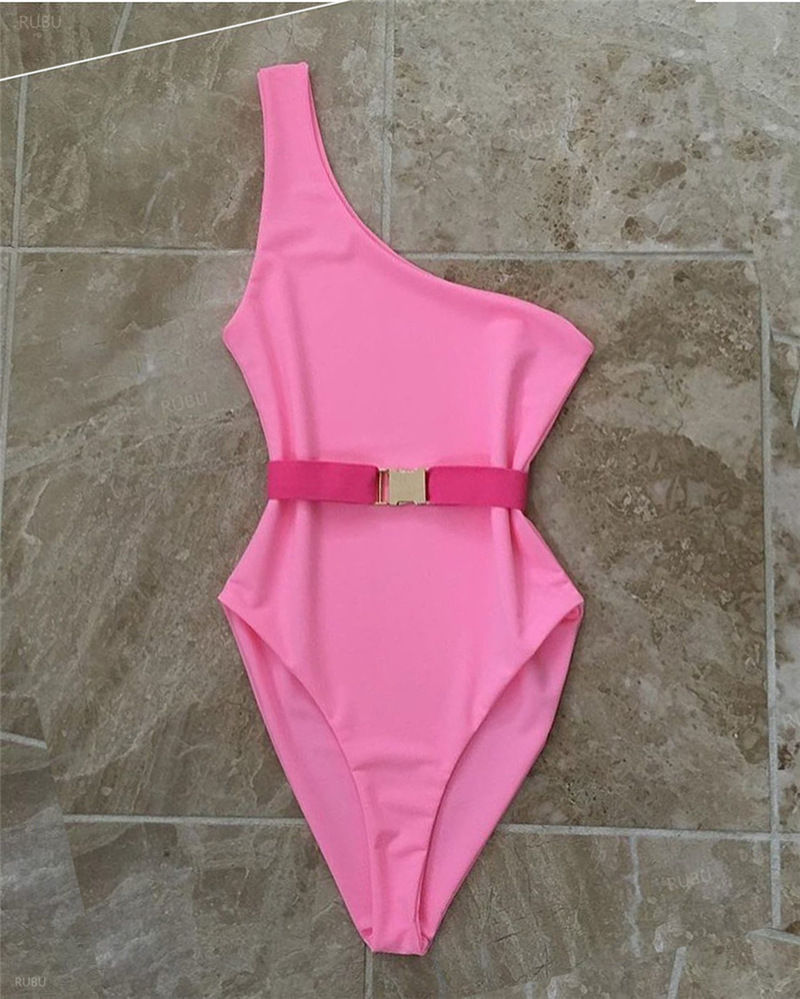 Thumbnail: 80s vibe swimsuit with belt in red or pink.