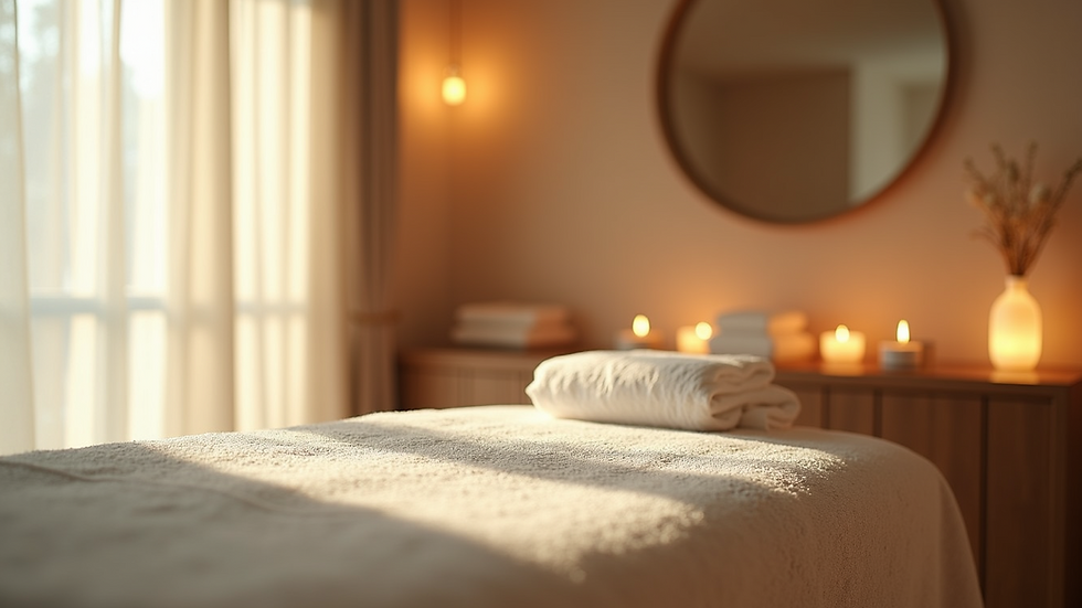 Eye-level view of a massage room with calming decor and soft lighting