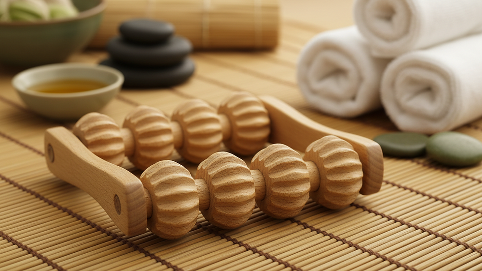 Close-up view of a wooden foot massage tool on a bamboo mat