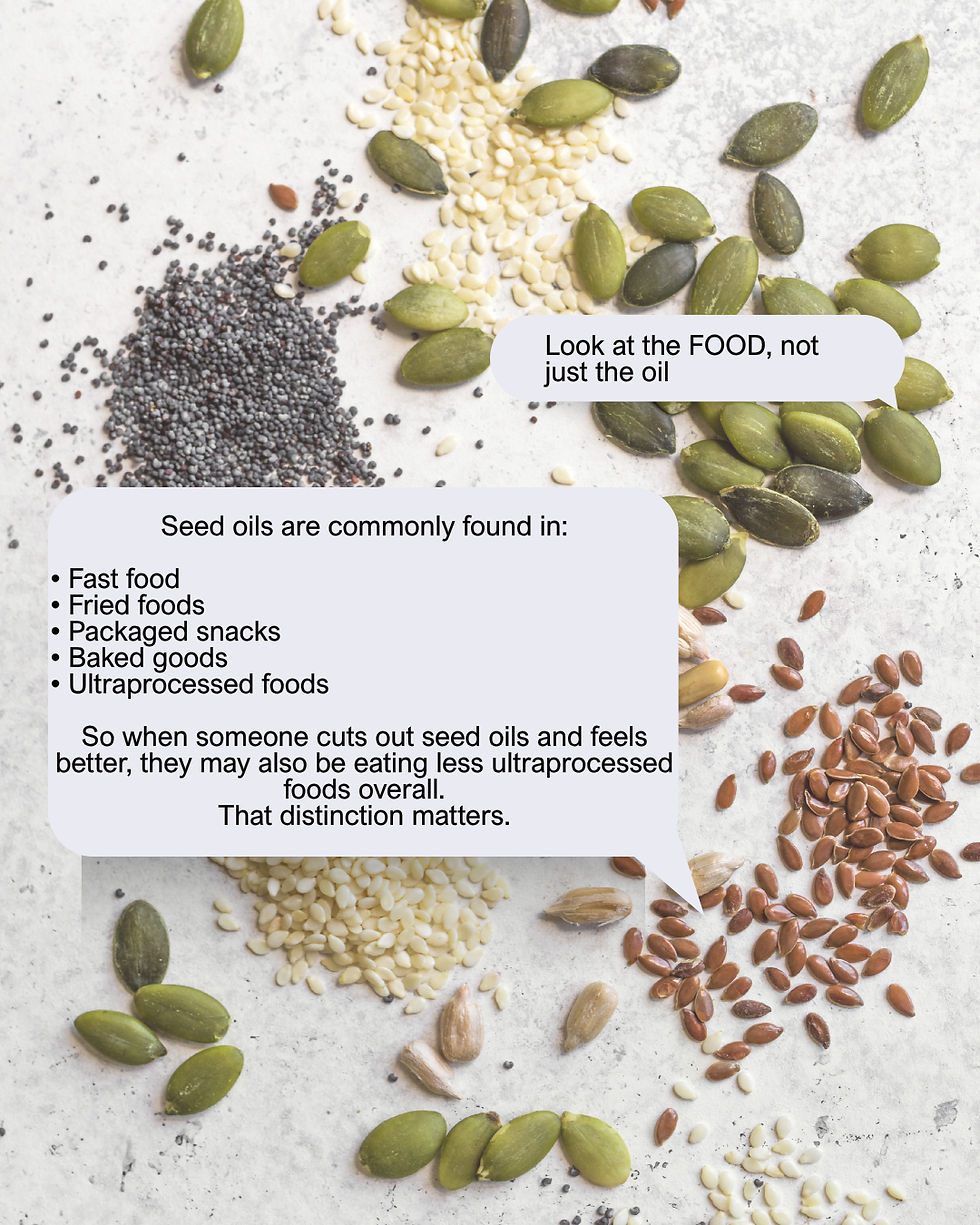 Assorted seeds on a light surface with text bubbles about seed oils and ultra-processed foods.