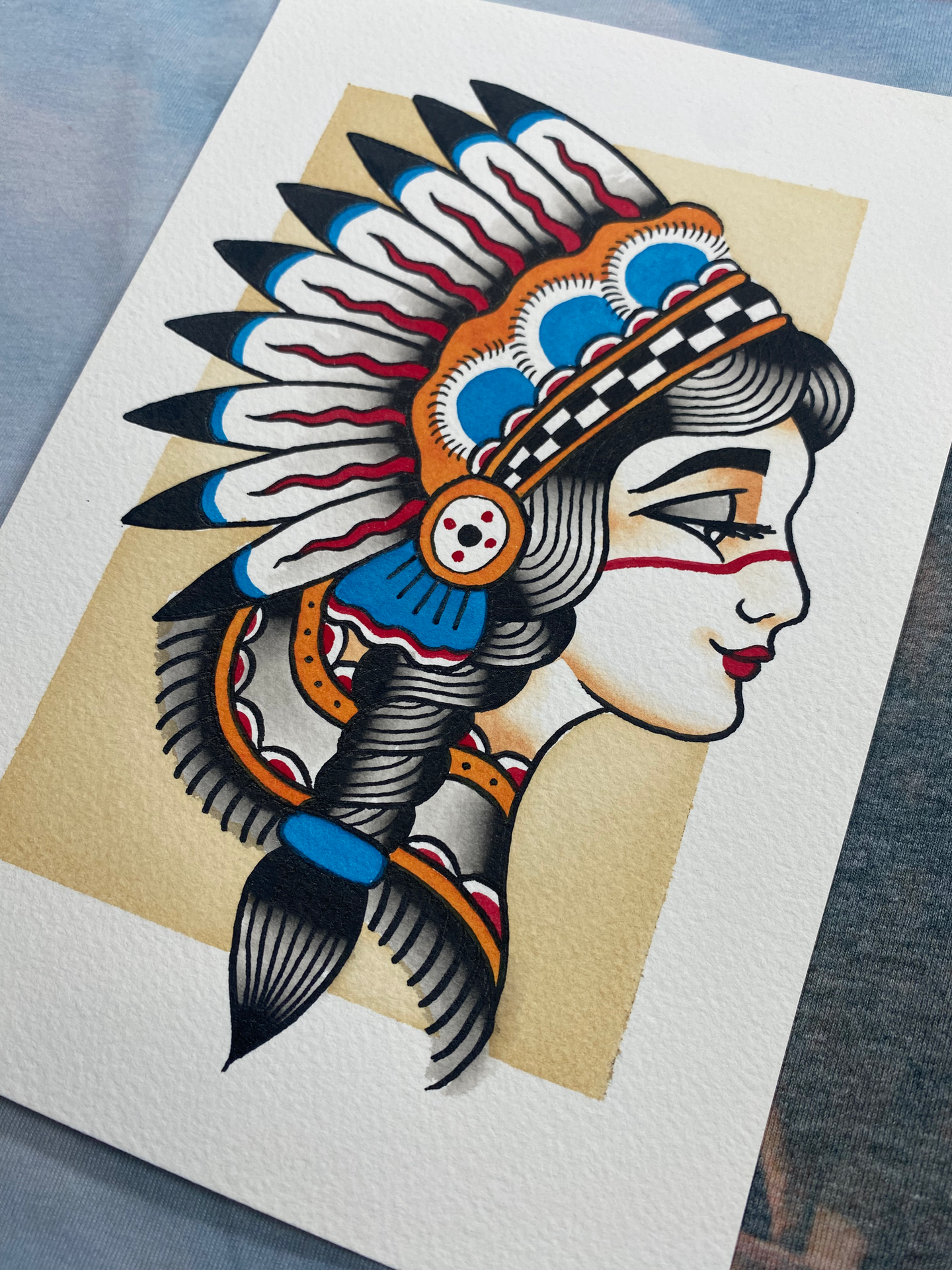 tattoo flash of native american dress hat woman in american traditional tattoo style