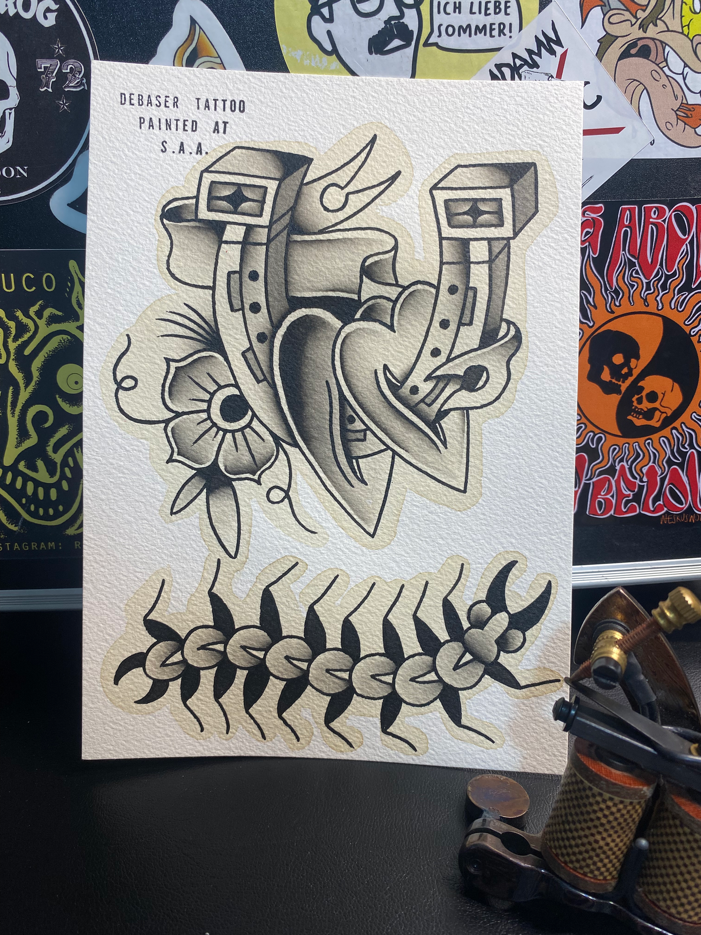 tattoo flash design of horse show with hearts in american traditional tattoo style