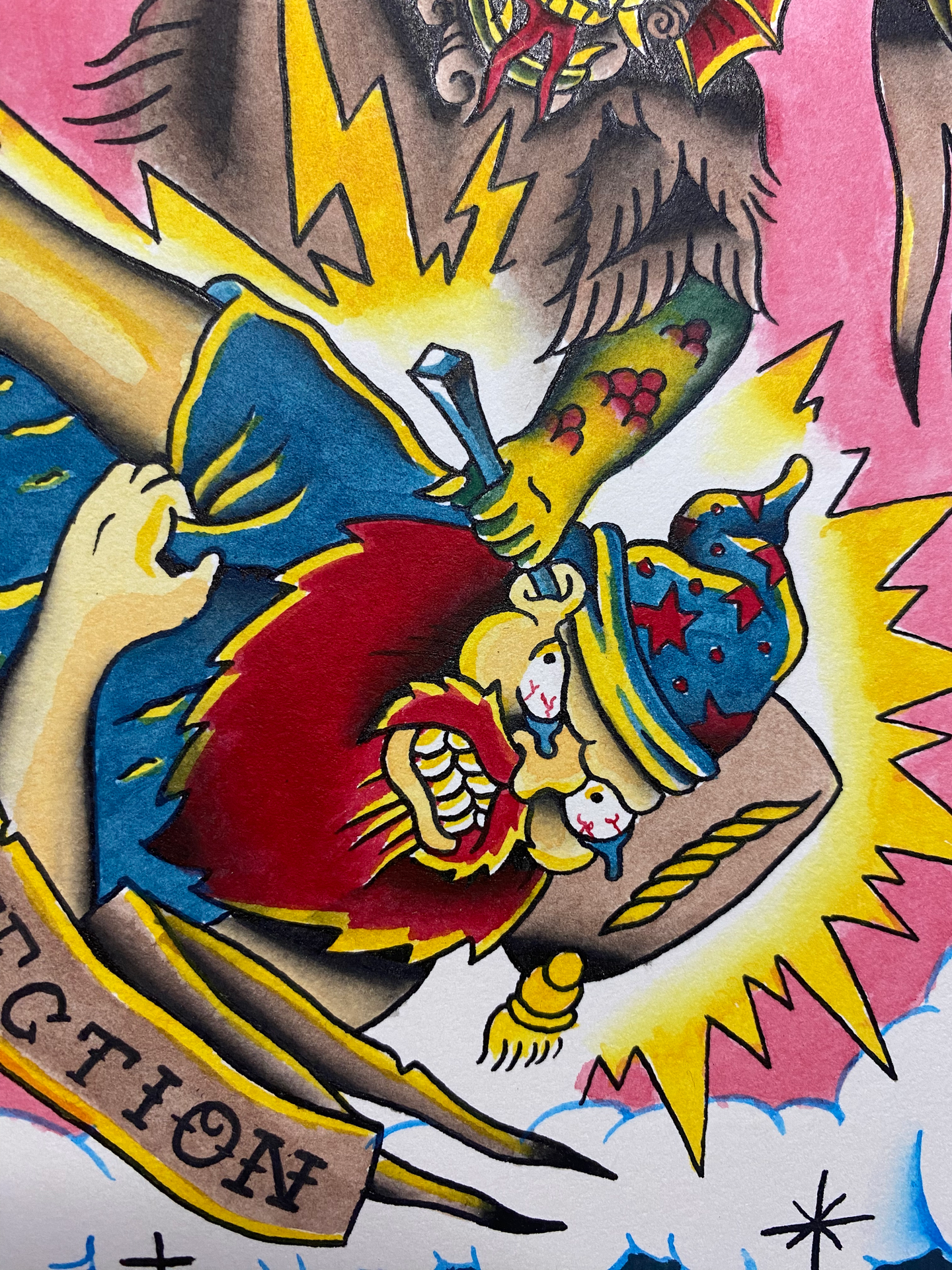 tattoo flash of demon with hammer in american traditional tattoo style
