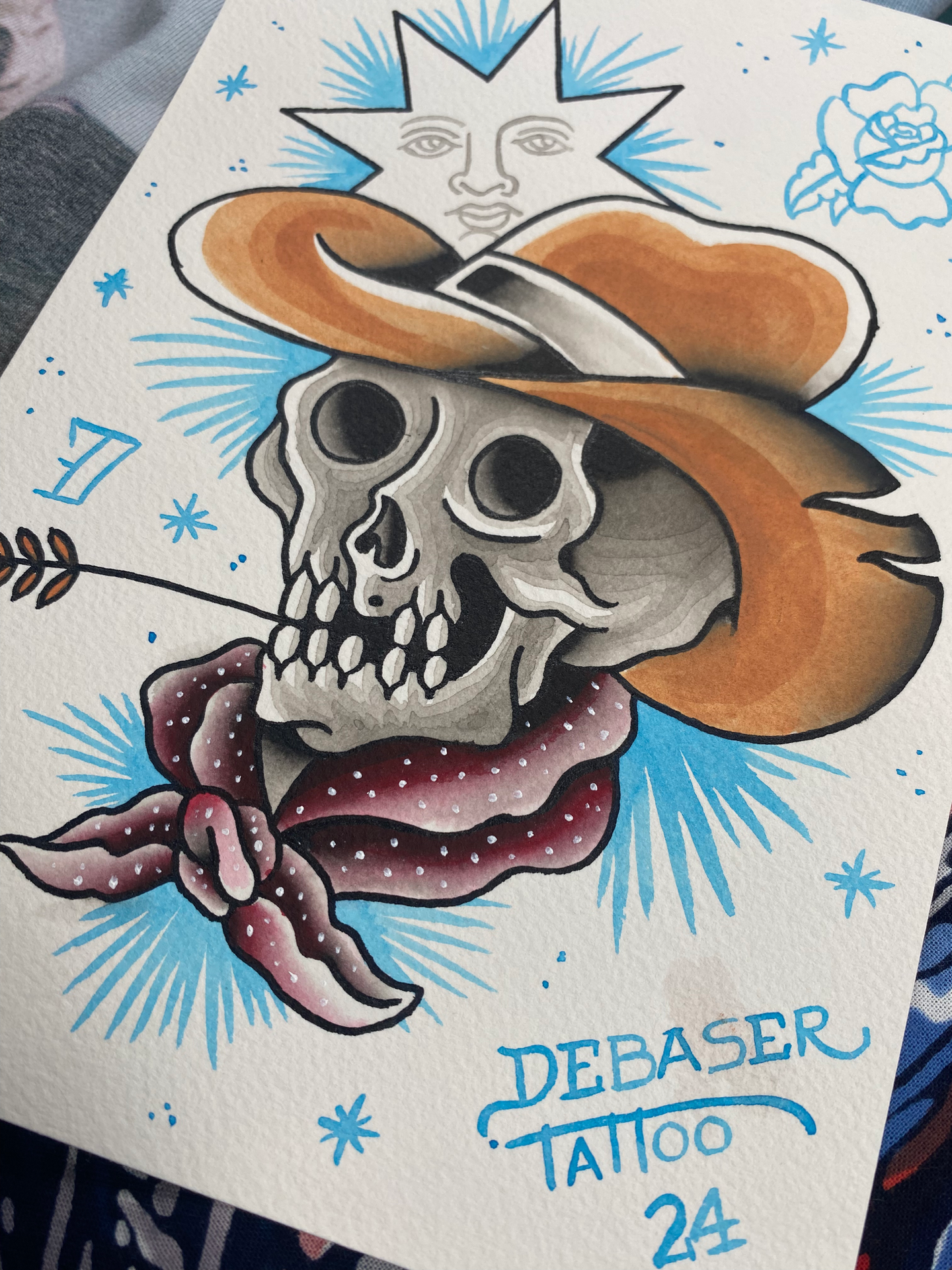 Cowboy skull drawing with hat in american traditional tattoo style