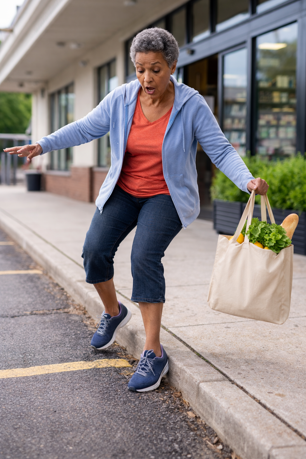Senior woman catching her balance while stepping off a curb with groceries