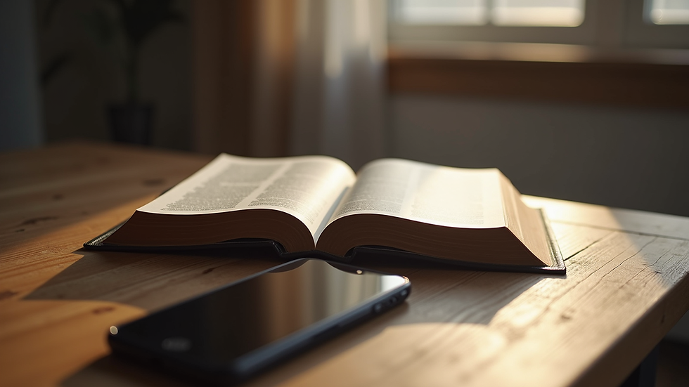Close-up view of a Bible and smartphone on a wooden table, symbolizing faith in the digital age
