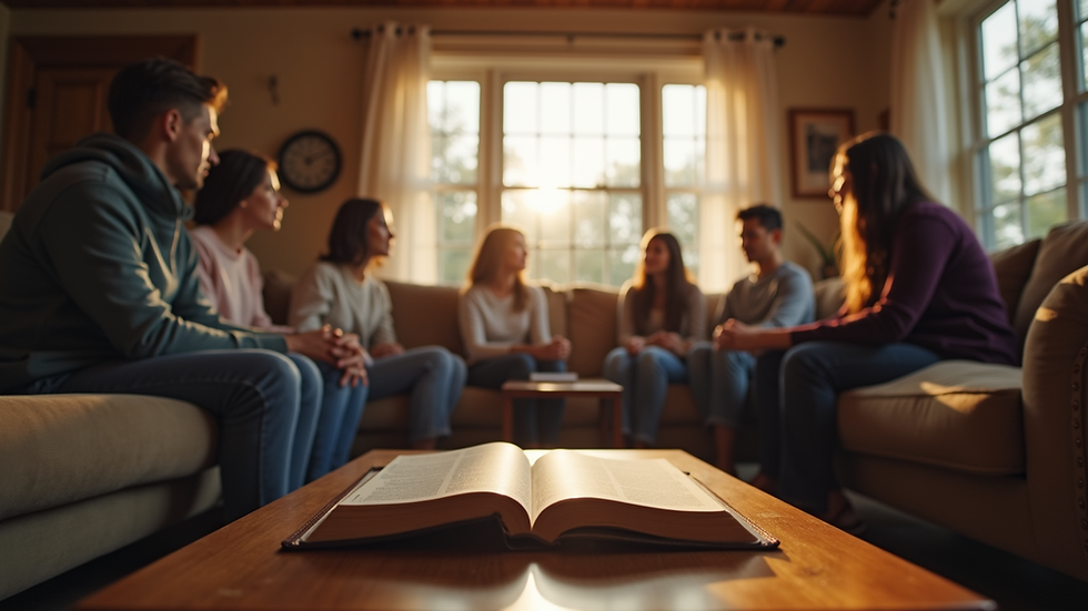 Eye-level view of a small group gathered in a cozy living room for Bible study