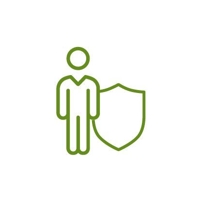 Green icon representing a person with a shield