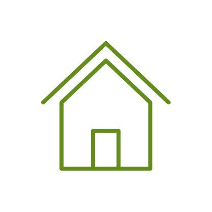 Green outline icon of a simple house.