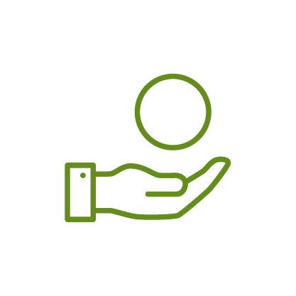 Green line icon of an open hand holding a coin.