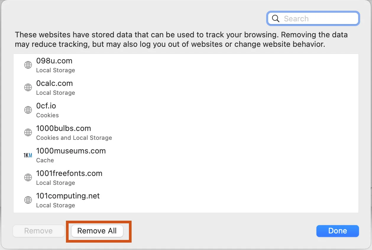 Safari manage website data window