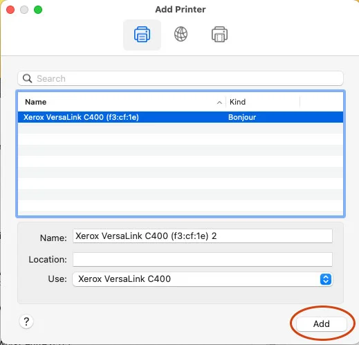 Add Printer window