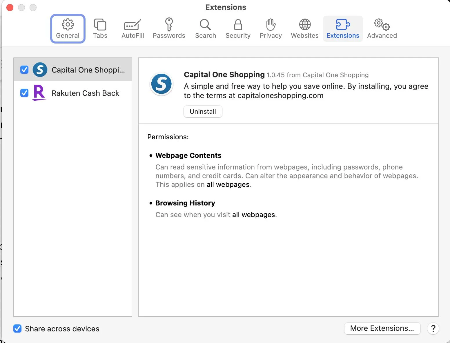 Safari extensions window