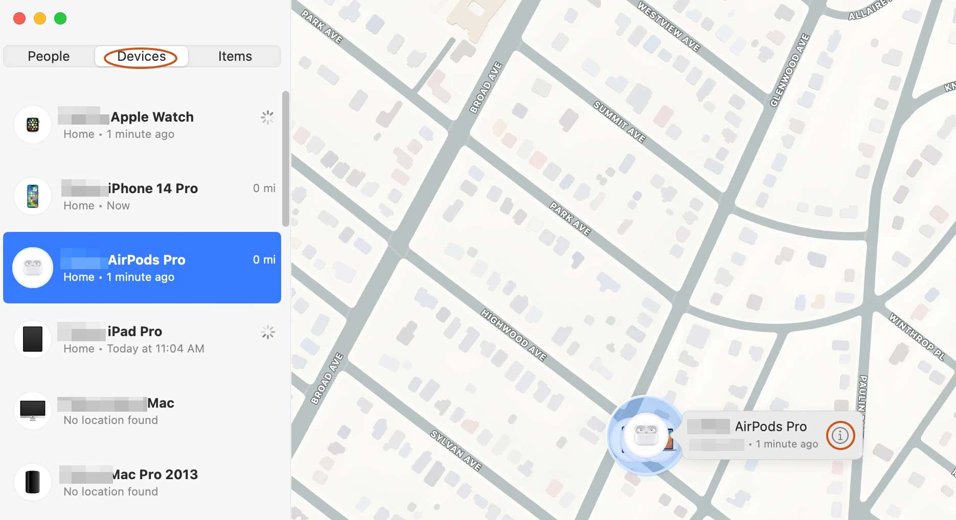 Mac Find My app window