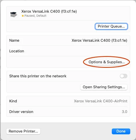 Printer options & supplies window