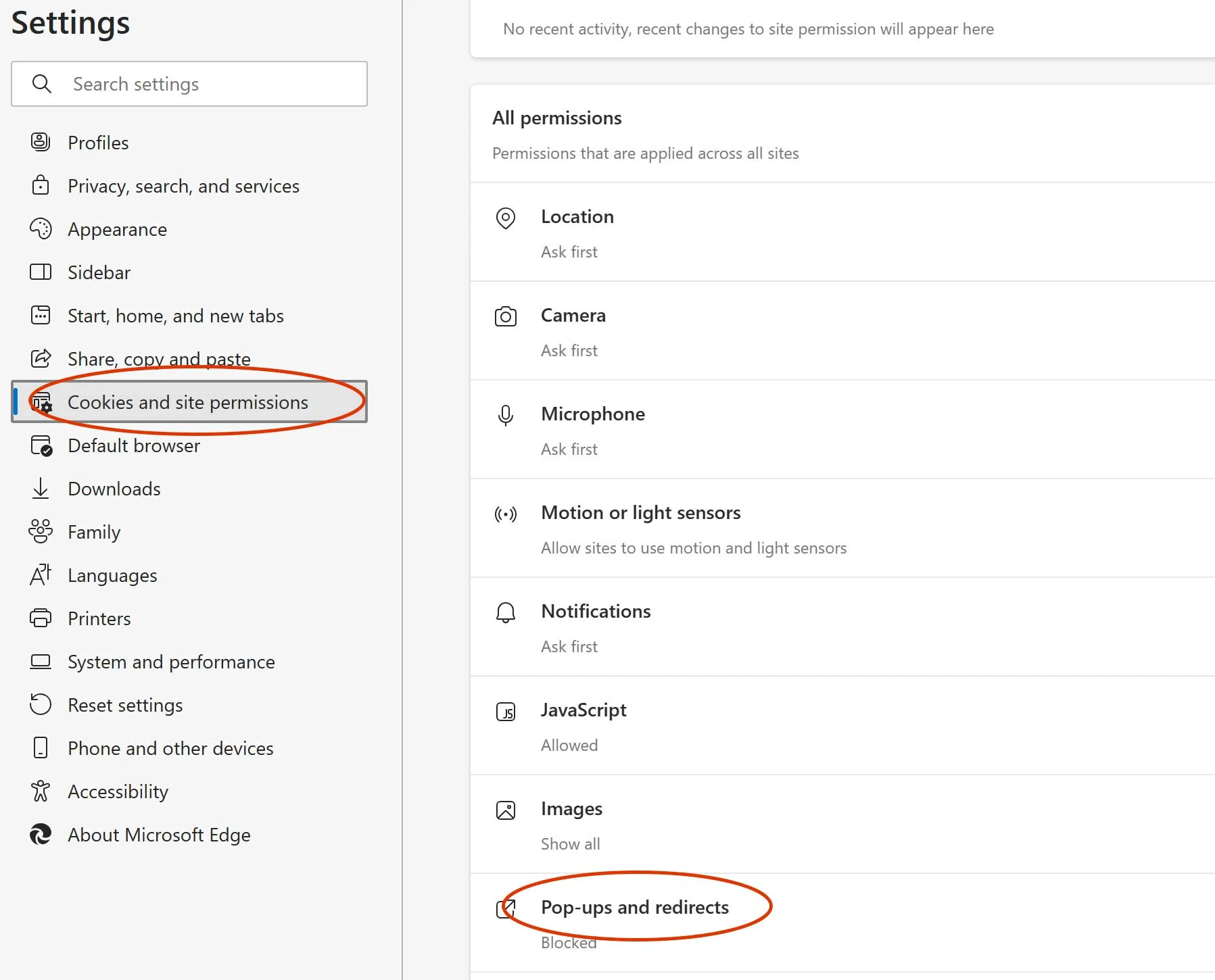 Edge setting Cookies, and site permissions window