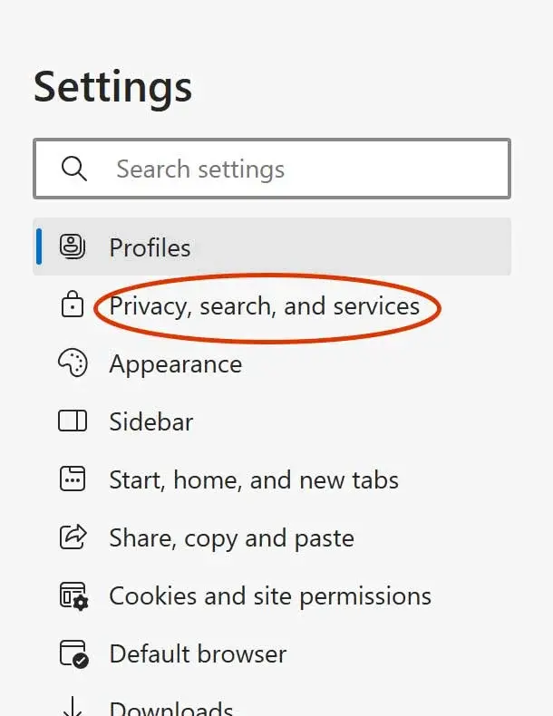 Edge settings Privacy, search, and services window
