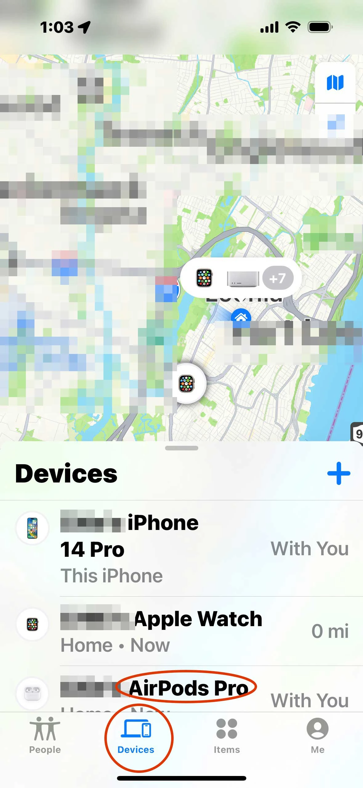 iPhone Find My app device page
