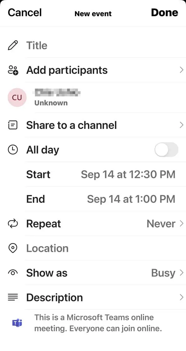 Microsoft Teams Calendar on App