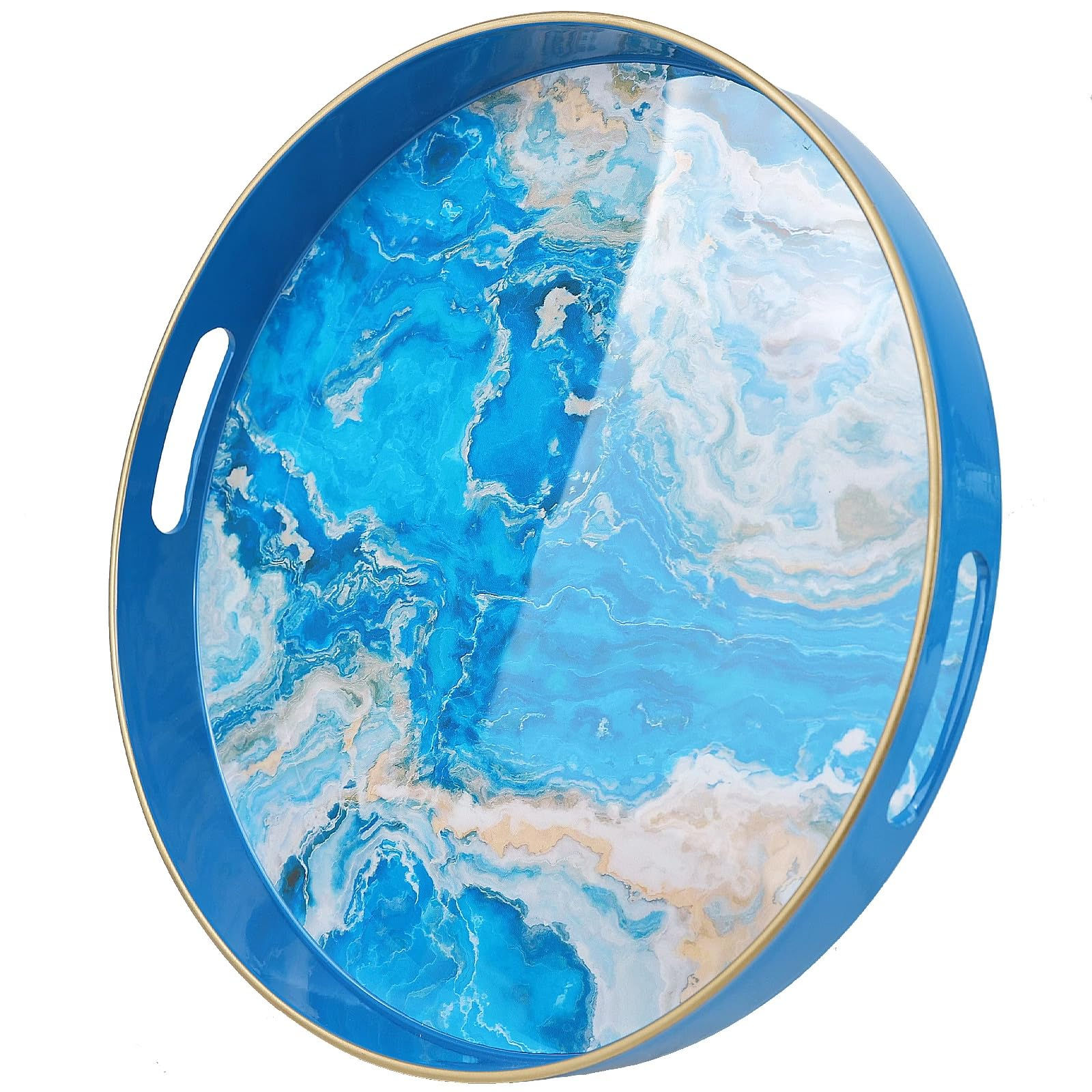 Spsyrine Round Marble Decorative Tray 13" Plastic Serving Table Tray with Handle