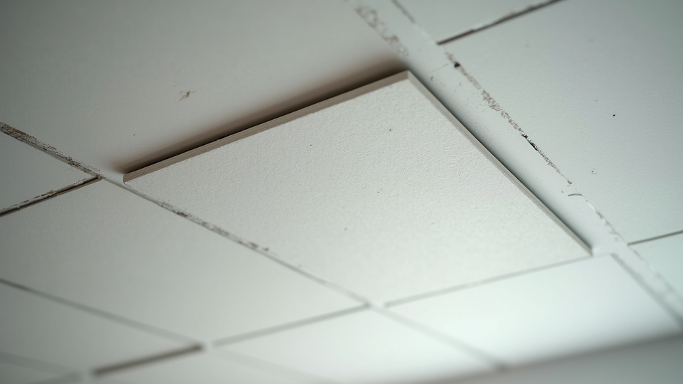Close-up view of a new ceiling tile being fitted into a grid