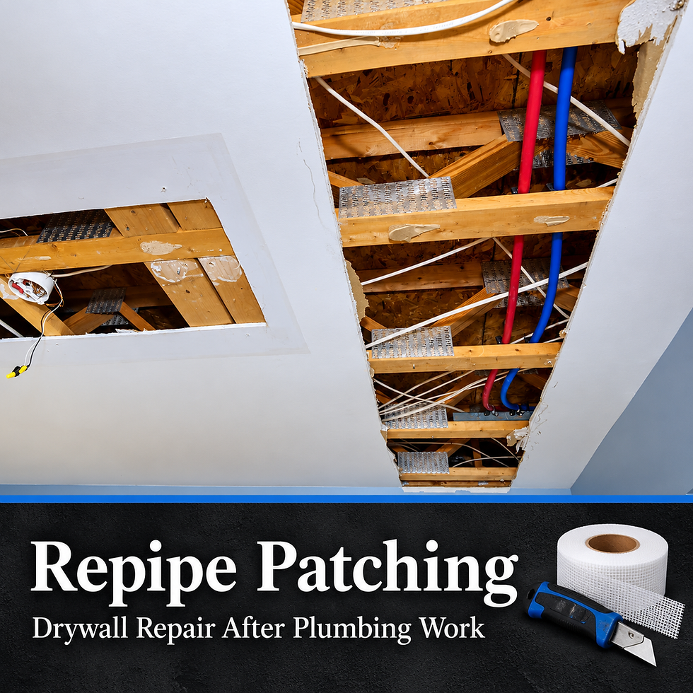 Ceiling drywall openings around red and blue plumbing pipes before repipe patching.