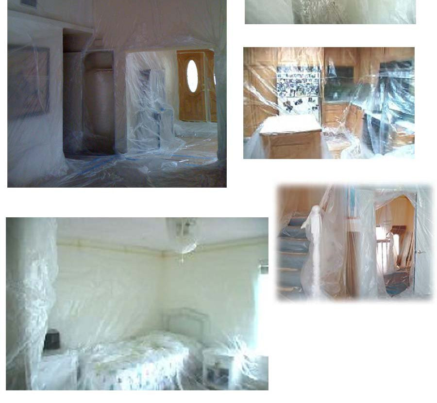 acoustic ceiling removal with plastic protection covering walls and floors during drywall