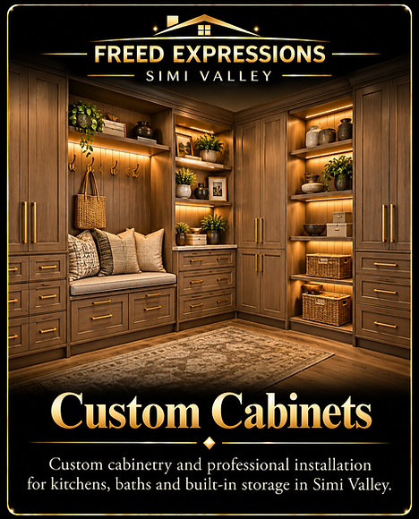 Cabinet installation in Simi Valley by Freed Expressions for kitchens, bathrooms, pantries, islands and built-in storage.