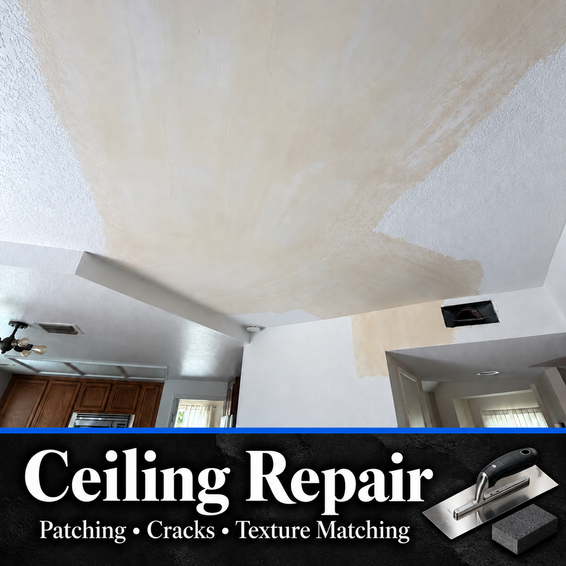 Ceiling drywall patch with joint compound feathered into the surrounding textured surface.