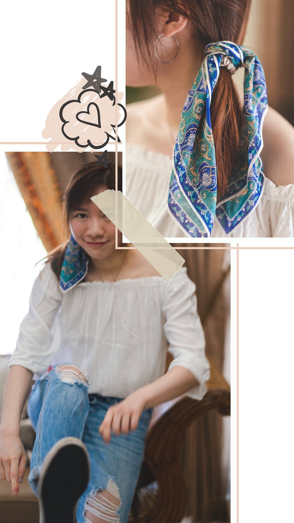 White ruffle off-shoulder top styled with blue bandana and silver hoop earrings, RollingBear Travels.