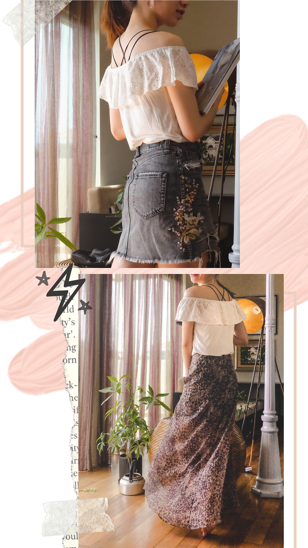 Fashion collage styling Miss Selfridge lace top, denim skirt, and AllSaints leopard print skirt, RollingBear Travels blog.