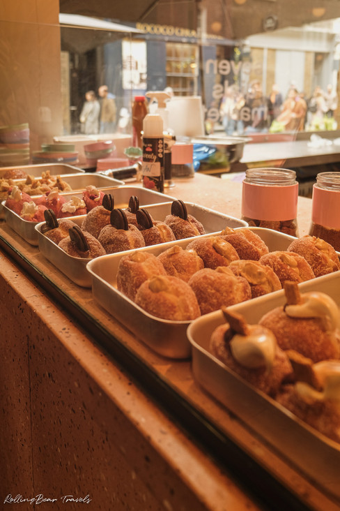 Trays of doughnuts at Seven Dials Market | RollingBear Travels