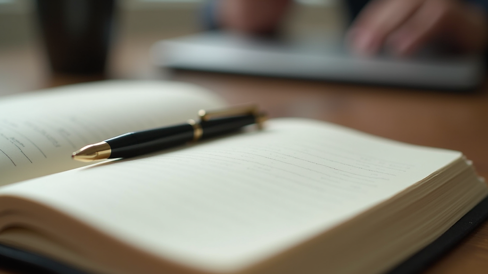 Close-up view of a journal and pen on a desk, symbolizing reflection and emotional growth