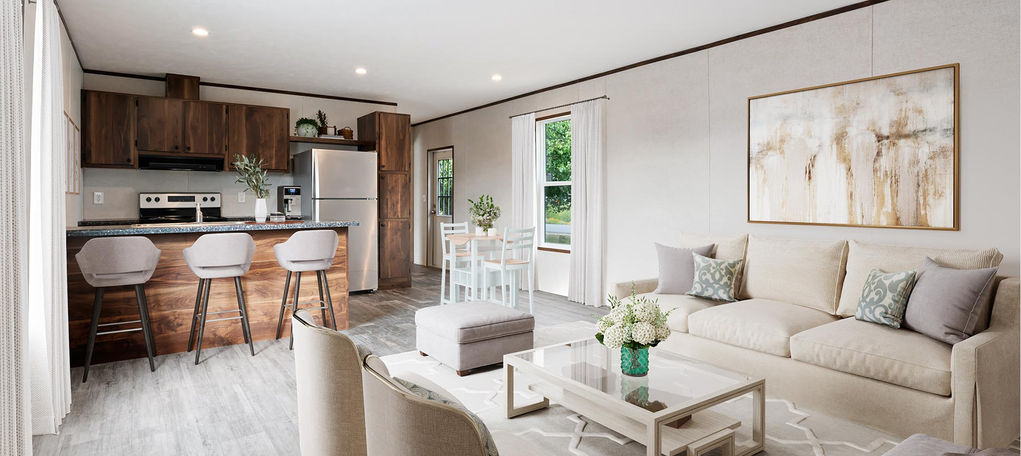Open concept living room, kitchen, and dining area
