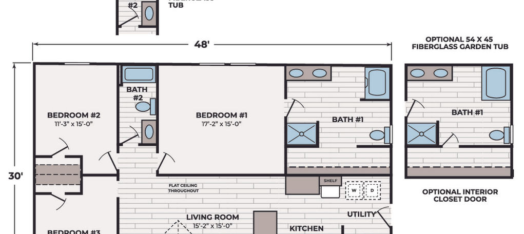 Floor plan with 3 bedrooms, 2 baths, kitchen, living room