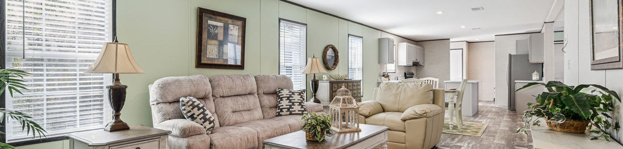 The Cozy Home double wide manufactured home interior living room at A1 Housing