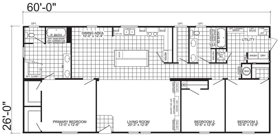 The Live Oak floor plan, 60' x 26' with 3 bedrooms.