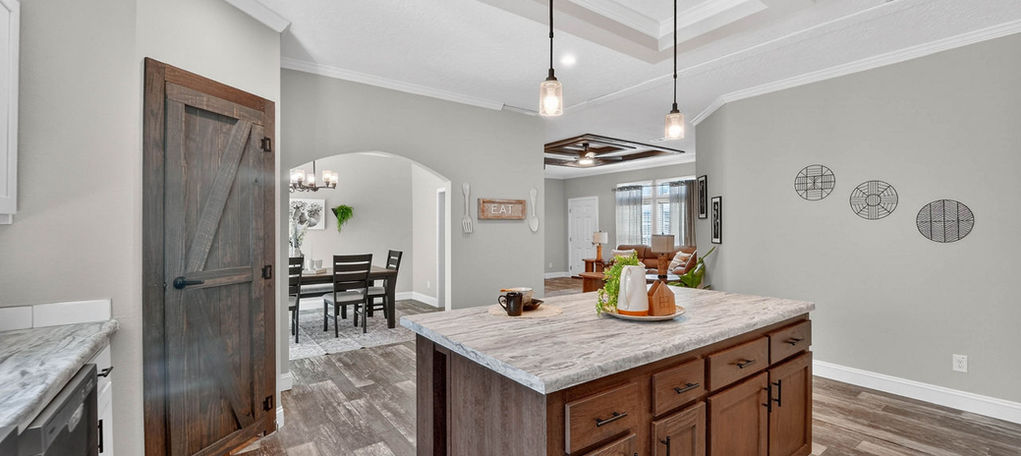 Modern kitchen island in The Ashford model home