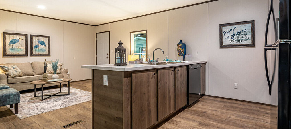 Open concept kitchen and living room with wood floors