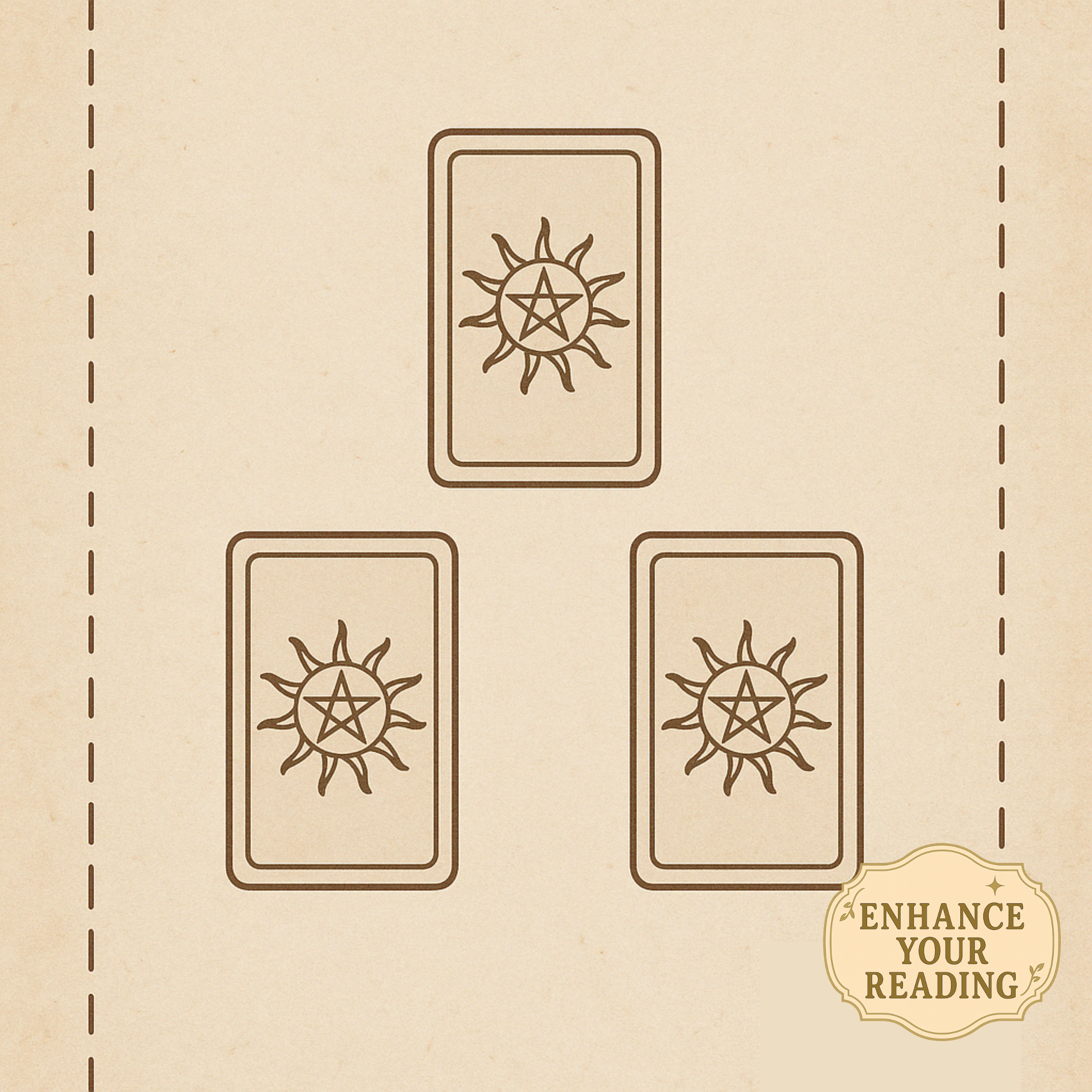 Illustration of a three-card tarot spread on parchment, featuring sun and pentacle symbols on the card backs.